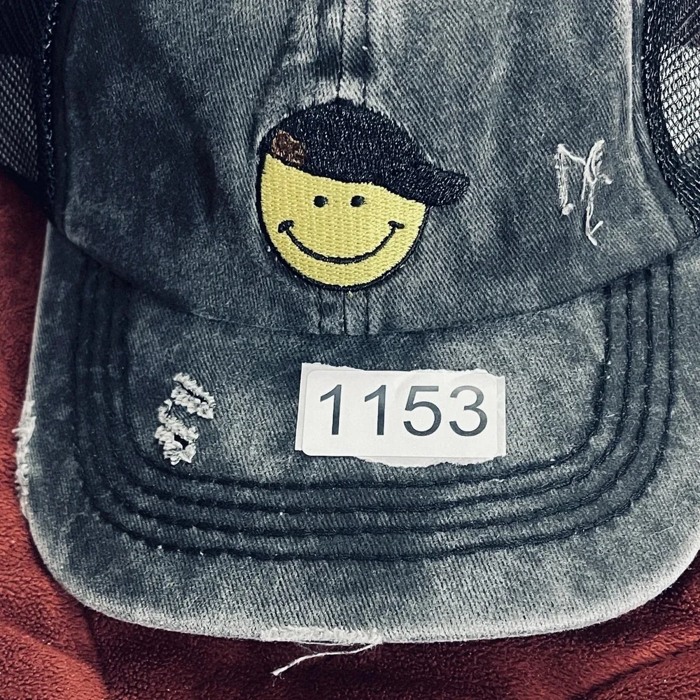 NWT C.C Kids Hat Cap‎ Strap Back Girls Black Smiley Face Ponytail Adjustable